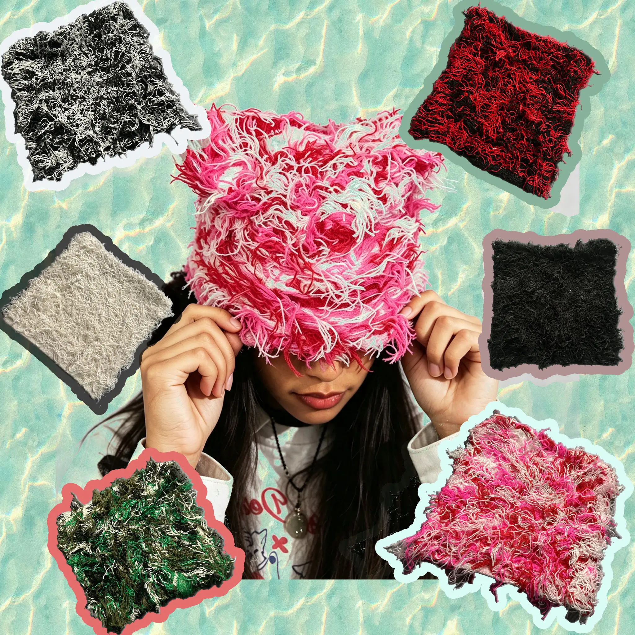 Shaggy Frayed Cat Ear Beanie, Grunge Distressed Fluffy Knit Hat Alt Y2K Streetwear Aesthetic