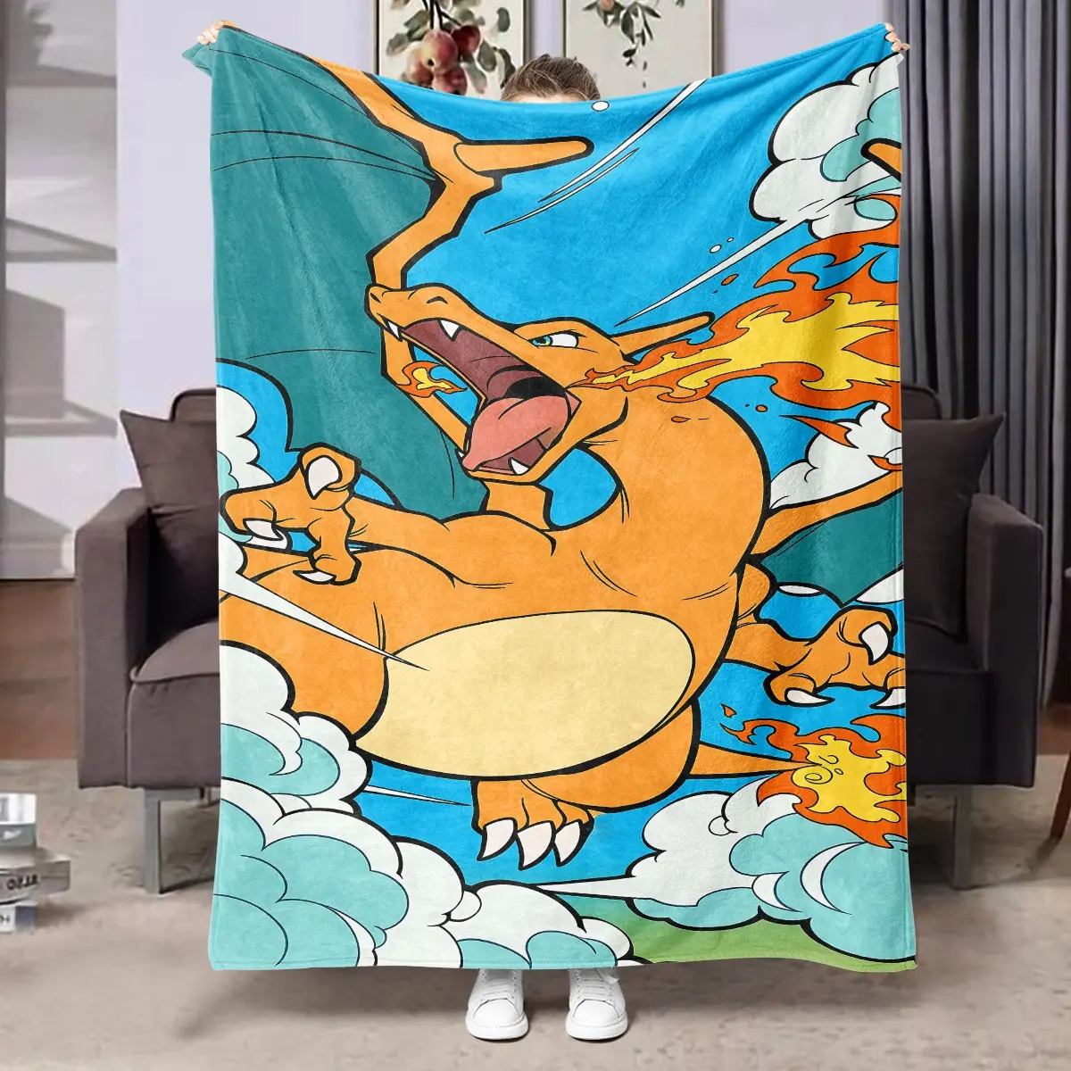 1PC Pokemon Charizard Breathing Fire Blue Sky Cloud Classic Anime Print Flannel Blanket, Soft Skin-Friendly Anti-Pilling Machine Washable Lightweight Throw Blanket, All Seasons For Adults Home Sofa Office Nap RV Camping Pokemon Fans Trendy Gift Decor Blan