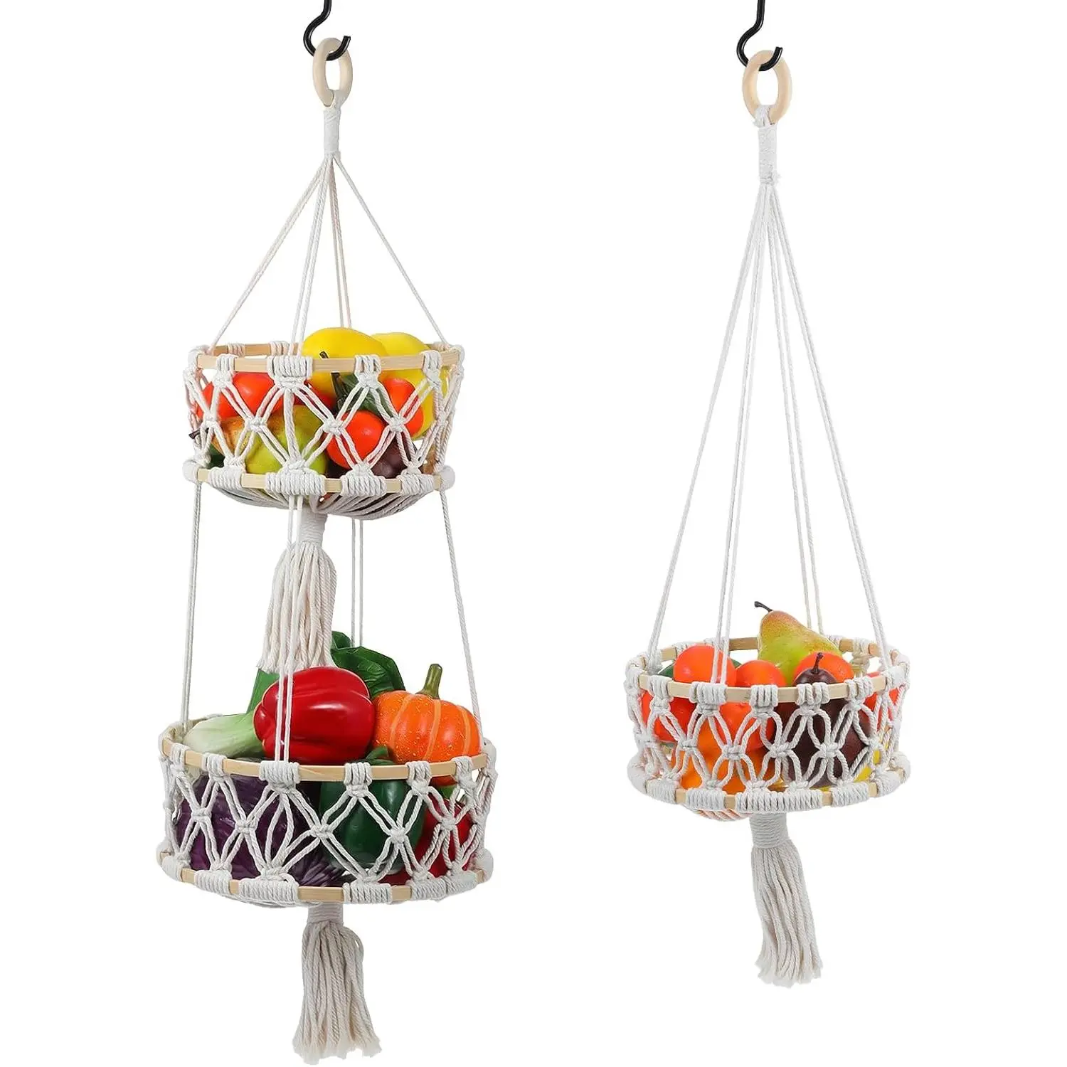 2 Pcs 2 Tier Hanging Fruit Basket Macrame Hanging Wall Hang Vegetable Fruit Baskets & Boho Vegetable Holder Cottons Woven Storage Set with Hooks for Kitchen Home Decor