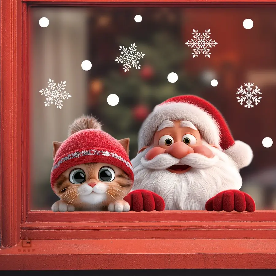 Christmas Window Decal Sticker, Santa Claus and Cute Cat PVC Static Peel-Off, Snowflake and Dot Design, Ideal for Storefronts and Home Decor