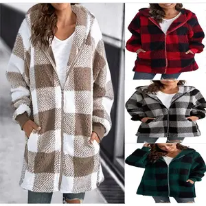 New plush women's coat with long sleeves, plaid pattern, hooded, zippered, with pockets, loose-fitting jacket
