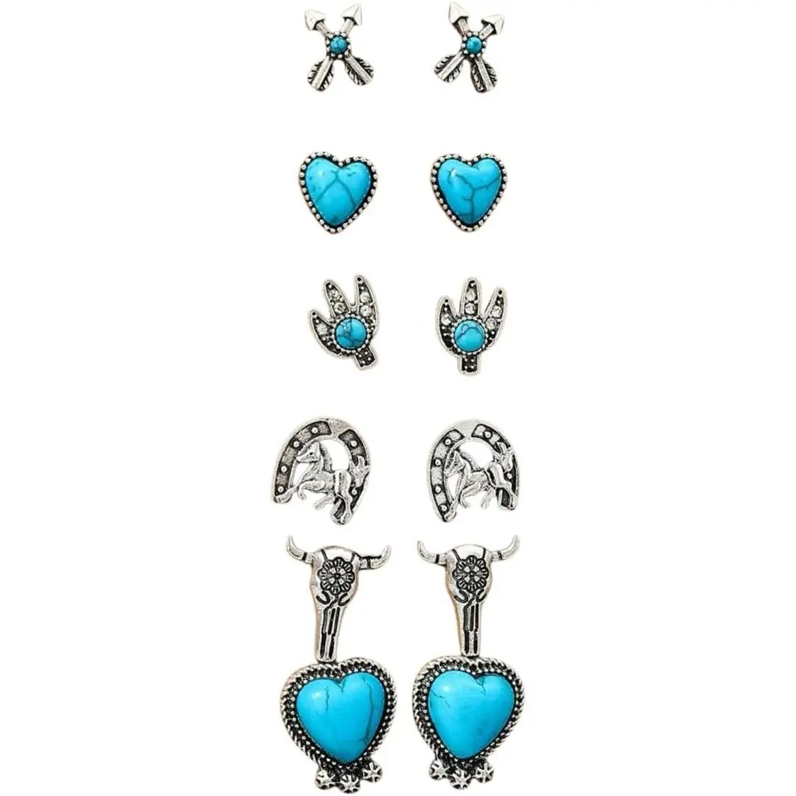 6pcs Boho Western Turquoise Stud Earrings for Women Vintage Ethnic Cactus Heart Flower Lightning Cowboy Boot Earring Bohemian Jewelry Gift