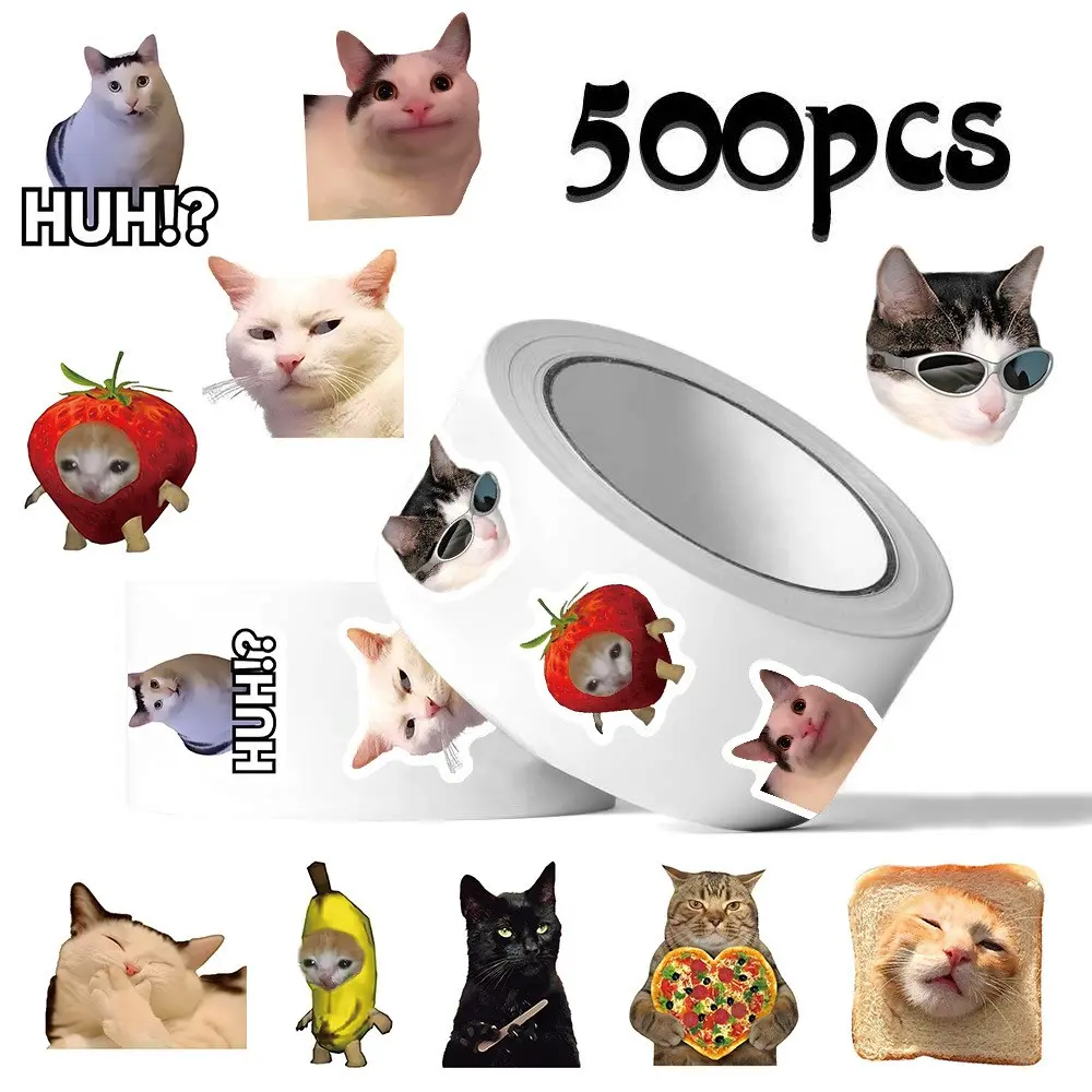 500Pcs Meme Abstract Goofy Weird Cartoon Cat Washi Roll Stickers, Aesthetic Dopamine Kawaii Style for Junk Journal Scrapbook Planner Cups Laptops Travel Suitcases DIY Crafts Birthday Gifts