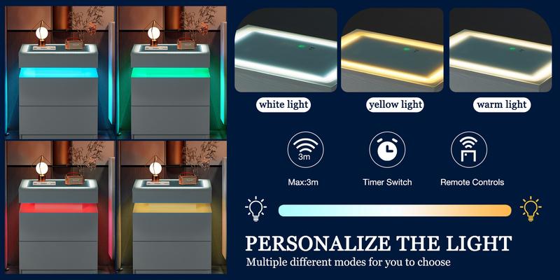 LED Nightstand with Charging Station, Floating Modern Black Bedside Table with Drawers, Smart Night Stand with Wireless Charging, USB/Type-C Ports & RGB Lights, White