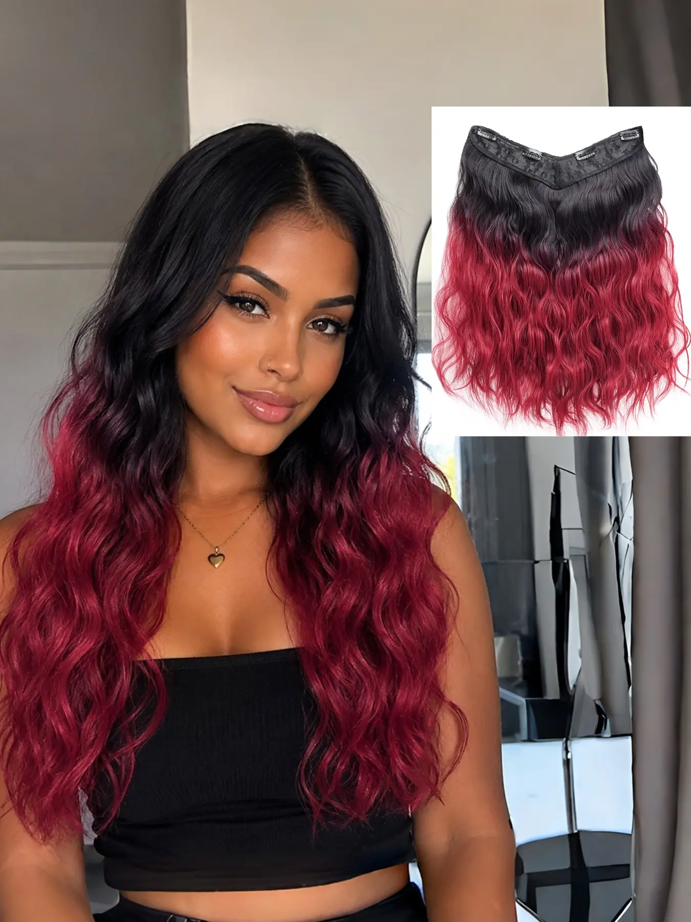 Black Red Ombre Half Wig Clip In Wavy Synthetic Hairpiece Natural Look Wig for Women Natural Synthetic Hairpieces