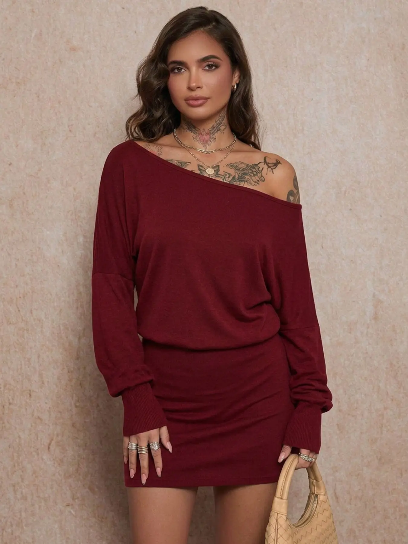 Womens Burgundy Off Shoulder Long Sleeve Mini Dress, Loose Dolman Top Bodice Bodycon Skirt Set‑In‑One Casual Party Date Night Outfit