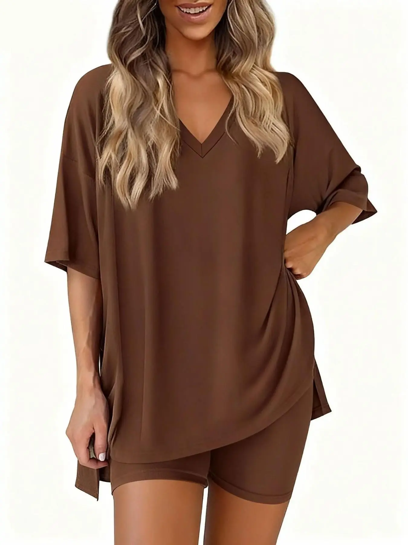 Women's V Neck Two-Piece Set, Summer Casual Oversized Split Hem Shirt & Biker Shorts, Soft Viscose Fabric, Comfortable Loungewear, Clothes