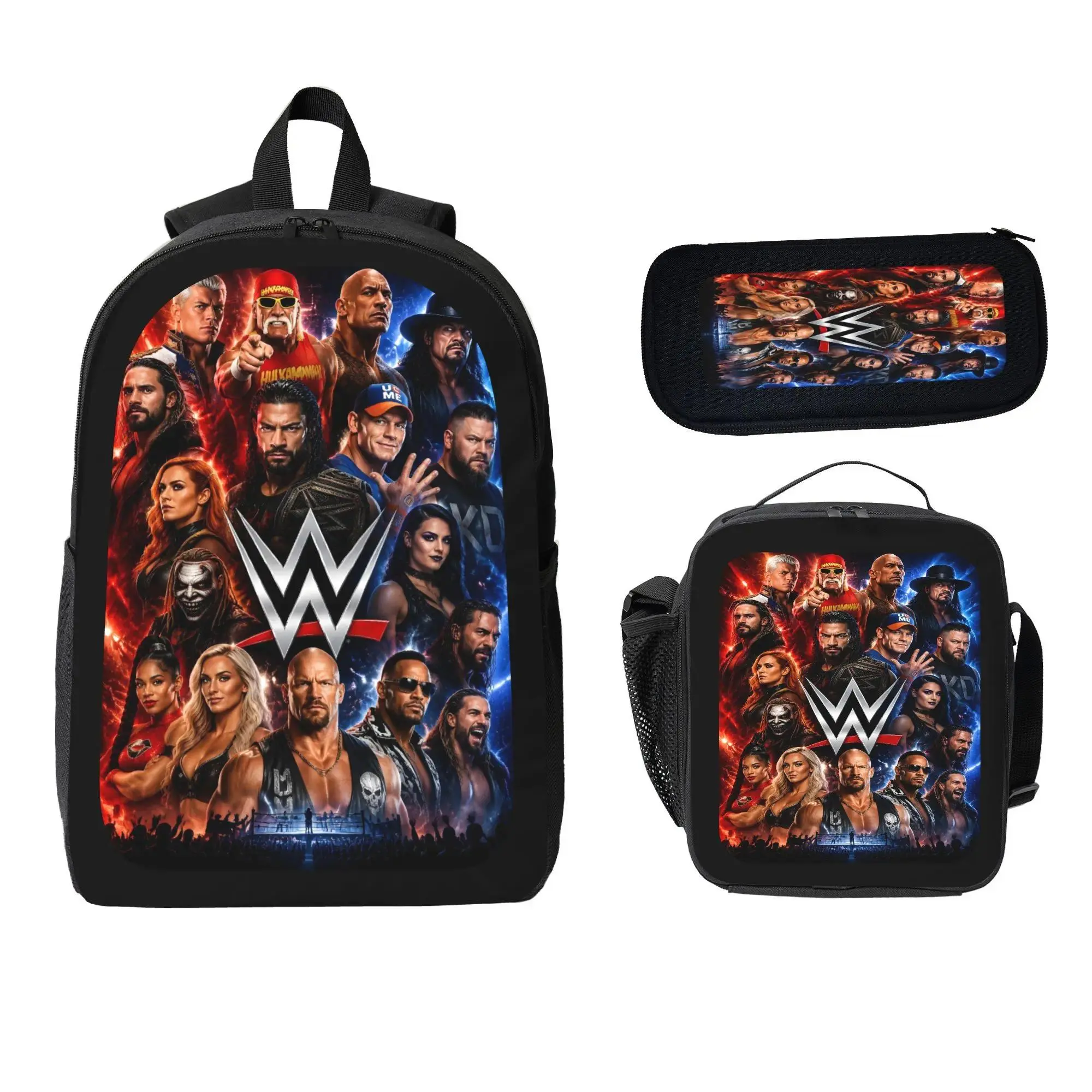 WWE American Undertaker 3-Piece Backpack Set, Wrestling Legend-Inspired Large Capacity Bag with Lunch Bag, Pencil Case, Ergonomic Shoulder Straps, Lightweight, No Wheels, Strong Visual Identity for Students, Street Style Travel Gift Geek Bag Book Sack