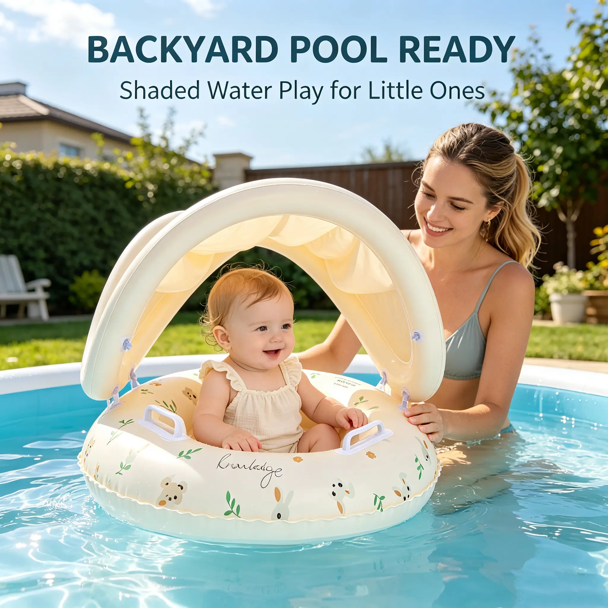 Inflatable Baby Float with Sun Shade, a Cartoon Children's Flotation Device with Seat, Thickened for Baby Size Pool Play, A Flotation Device, Baby Pool Toy