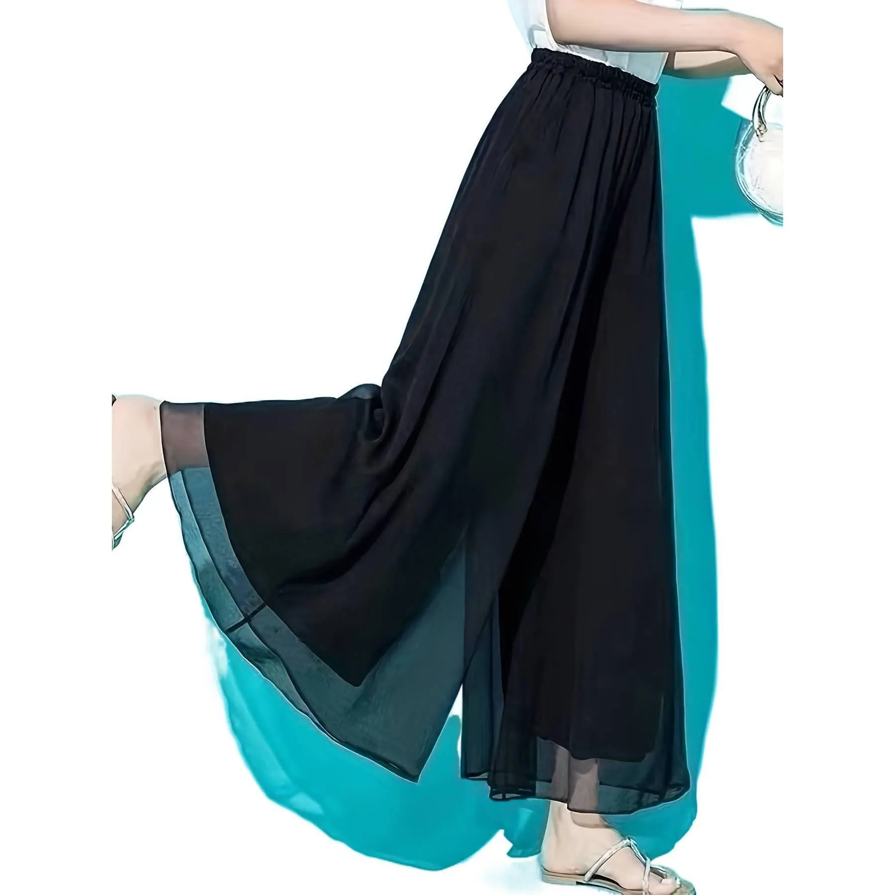 Women's High-Waist Chiffon Fabric Culottes Pants - Loose Wide-Leg 9-Point Casual Wear, Spring Summer Breathable Sun Protection Bottoms