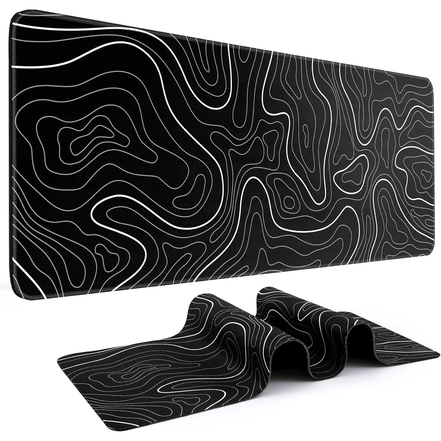 XL Gaming Mouse Pad, Black with White Topographic Line, 31.5x11.8in, Smooth Surface, Anti-Slip Rubber Base, for Keyboard and Mouse, Home and Office Use(Gift)