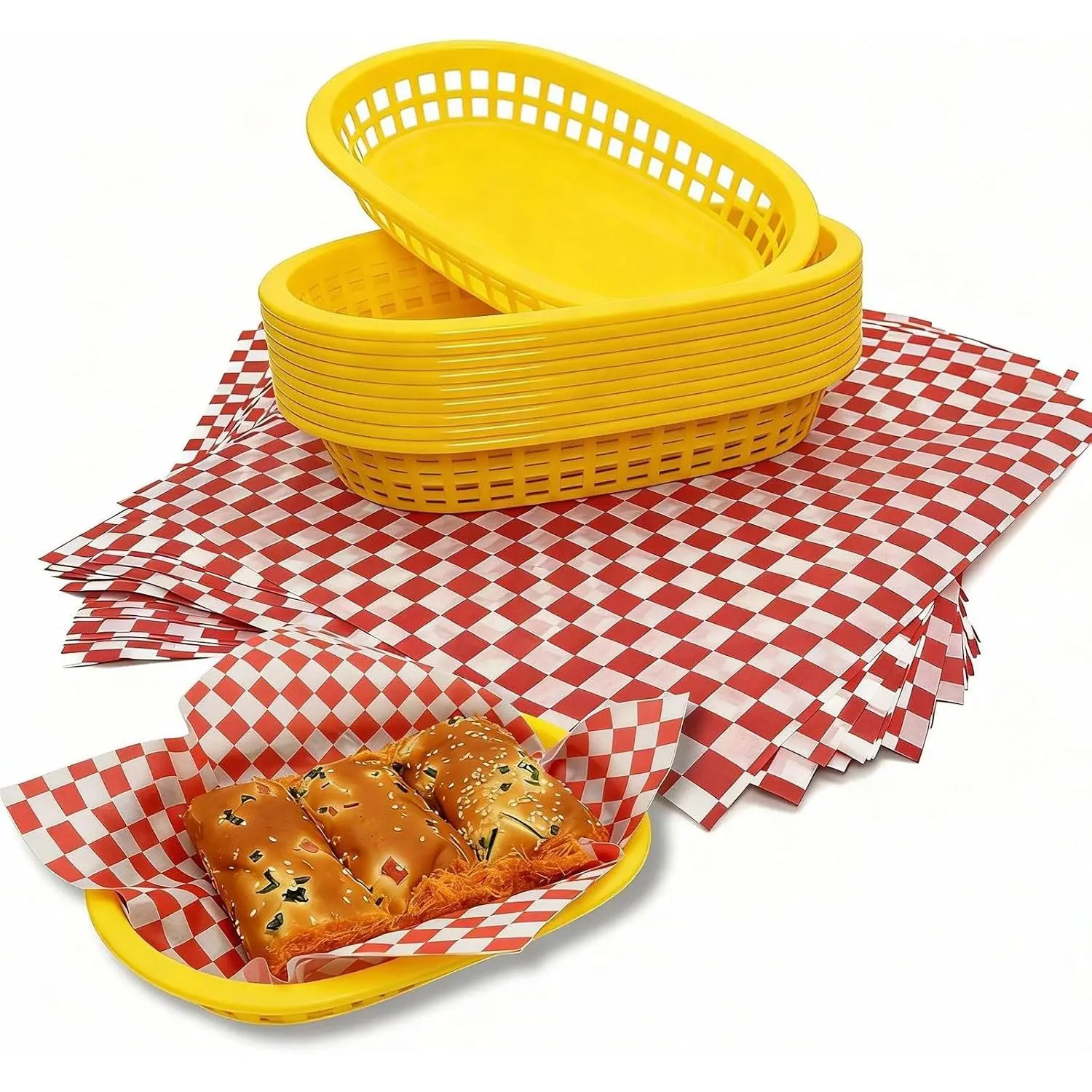 Fast Food Baskets with Checkered Deli Liners,10 Reusable Plastic Serving Baskets+100 Grease-Resistant 12" Papers,Burger&Hot Dog Tray Set for Parties, BBQ, Restaurants (Yellow Baskets)