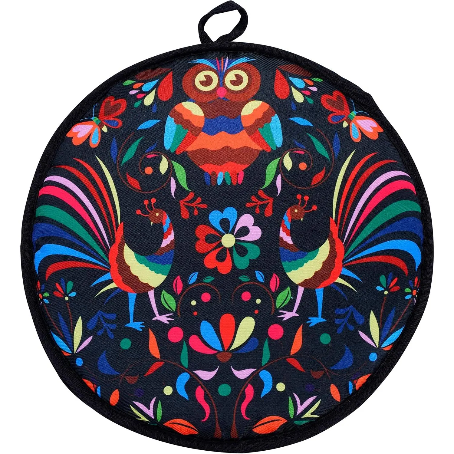12-Inch Polyester Tortilla Warmer, Double-Sided Insulated Cloth Pouch with Birds Motif, Microwave-Safe Bag That Holds Many Tortillas & Tacos, Keeps Food Warm for 1 Hour (Black)