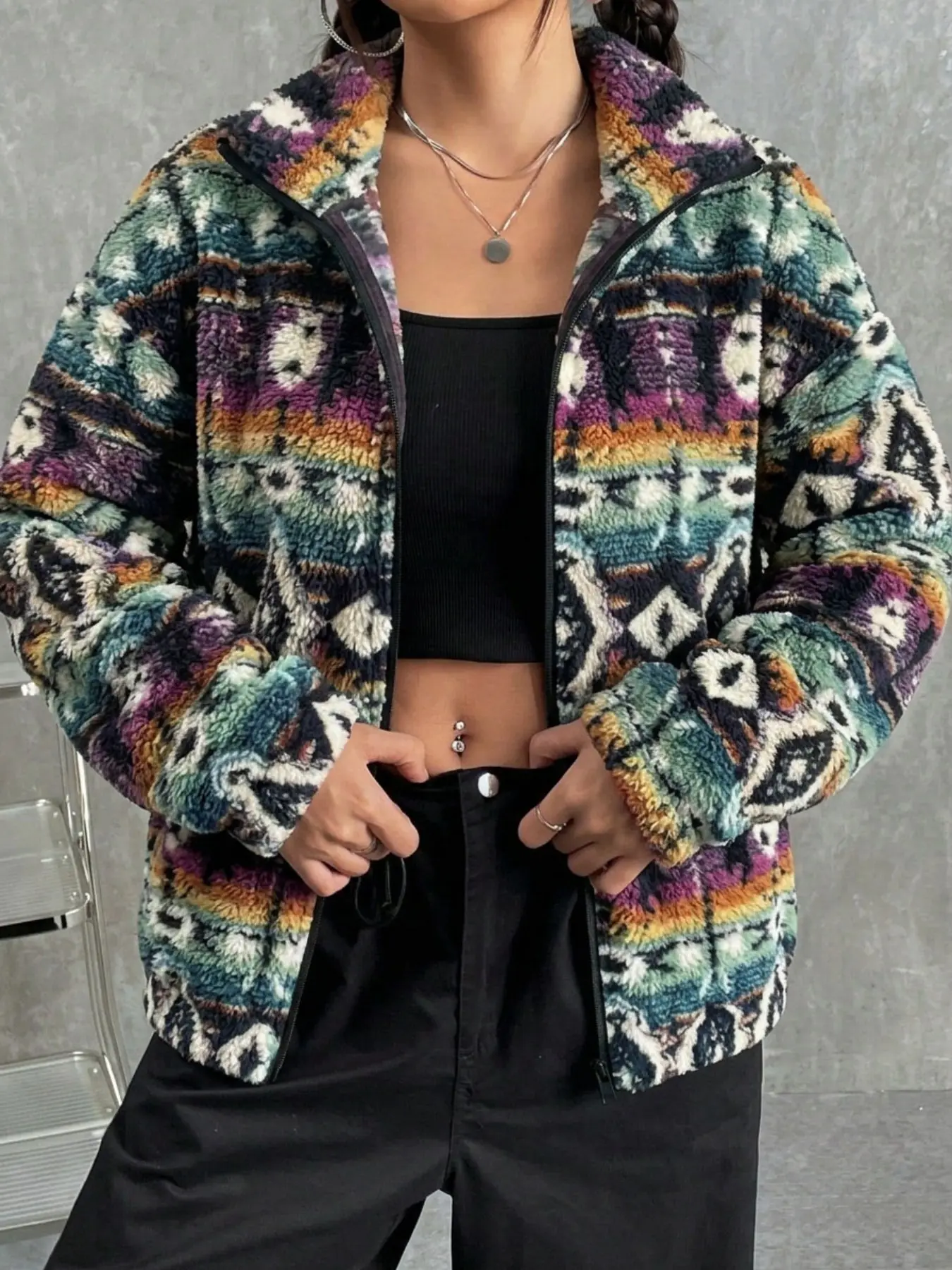 Vintage Aztec Tribal Geometric Pattern Fleece Sherpa Zip Up Jacket Women Stand Collar Long Sleeve Cropped Fuzzy Coat Retro Western Boho Streetwear Warm Outerwear For Fall Winter Daily Outfit