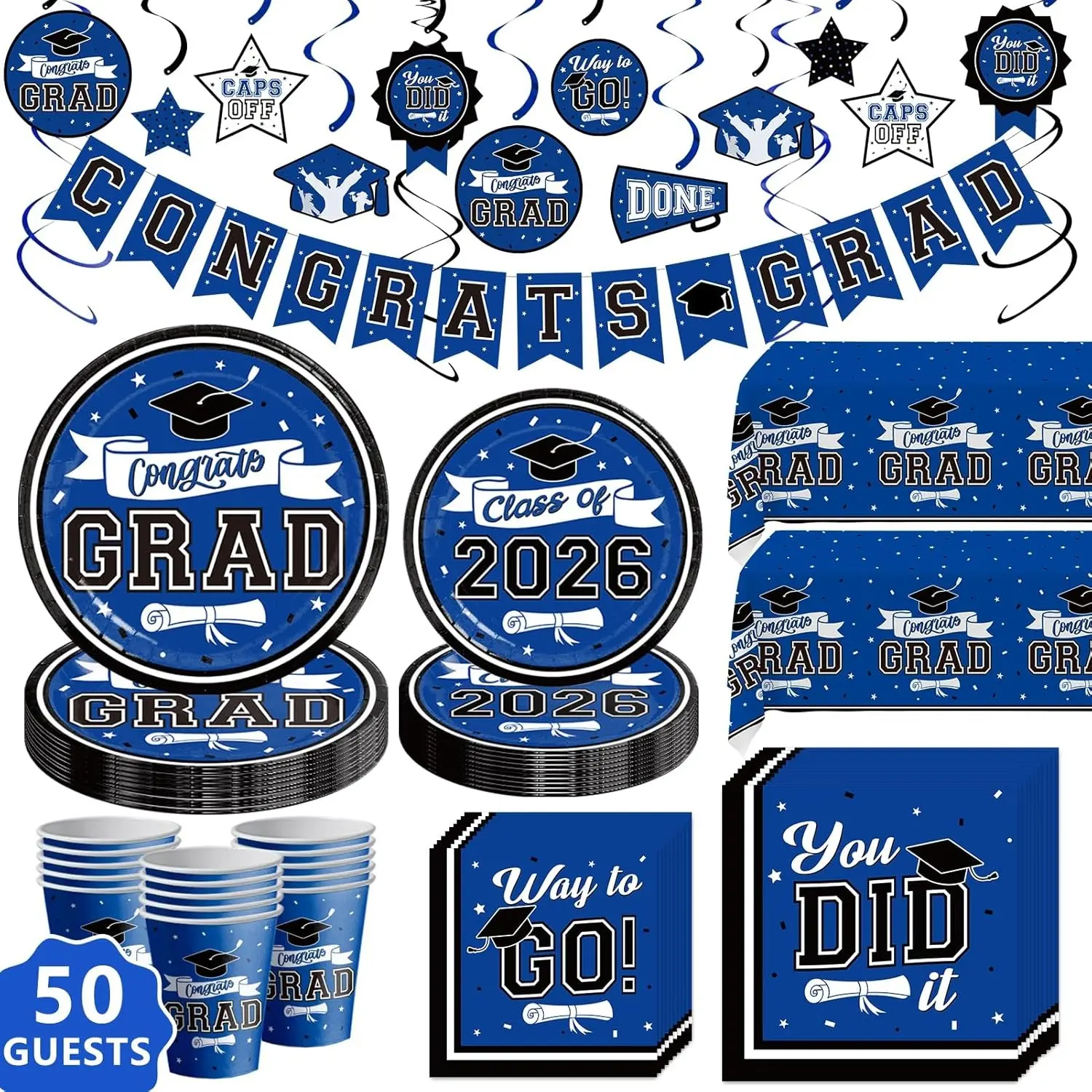 2026 Blue Graduation Party Decorations, 265pcs Disposable Tableware Set for 50 Guests - Plates, Cups, Tablecloth, Congrats Grad Hanging DecorGift