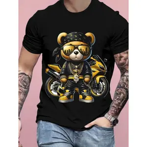 180gMen's Oversized Black Teddy Bear Motorcycle T-Shirt - Cool Bear Riding & Golden Chains Graphic, Breathable Sweat-Wicking Streetwear Tee, All-Season Comfort Fit for Casual Wear, Themed Events & Parties (Halloween/Christmas) -