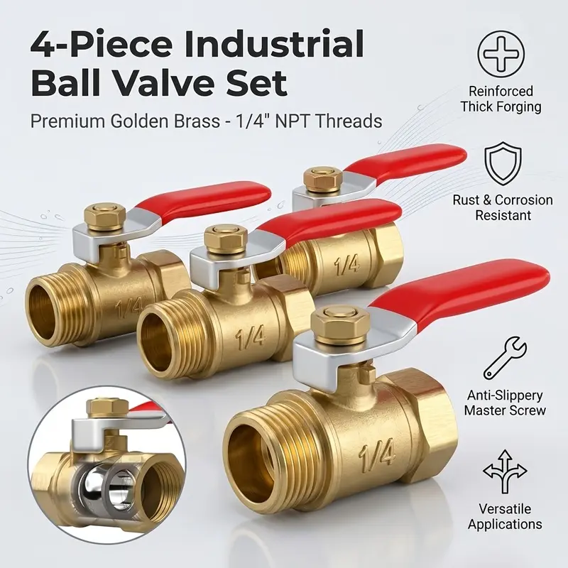 4pcs heavy brass ball valve Heavy copper ball valve closed, 1/4 "NPT thread-hydraulic, pneumatic water heating copper ball valve switch, male and female fittings of air and water pipe, used for switch.