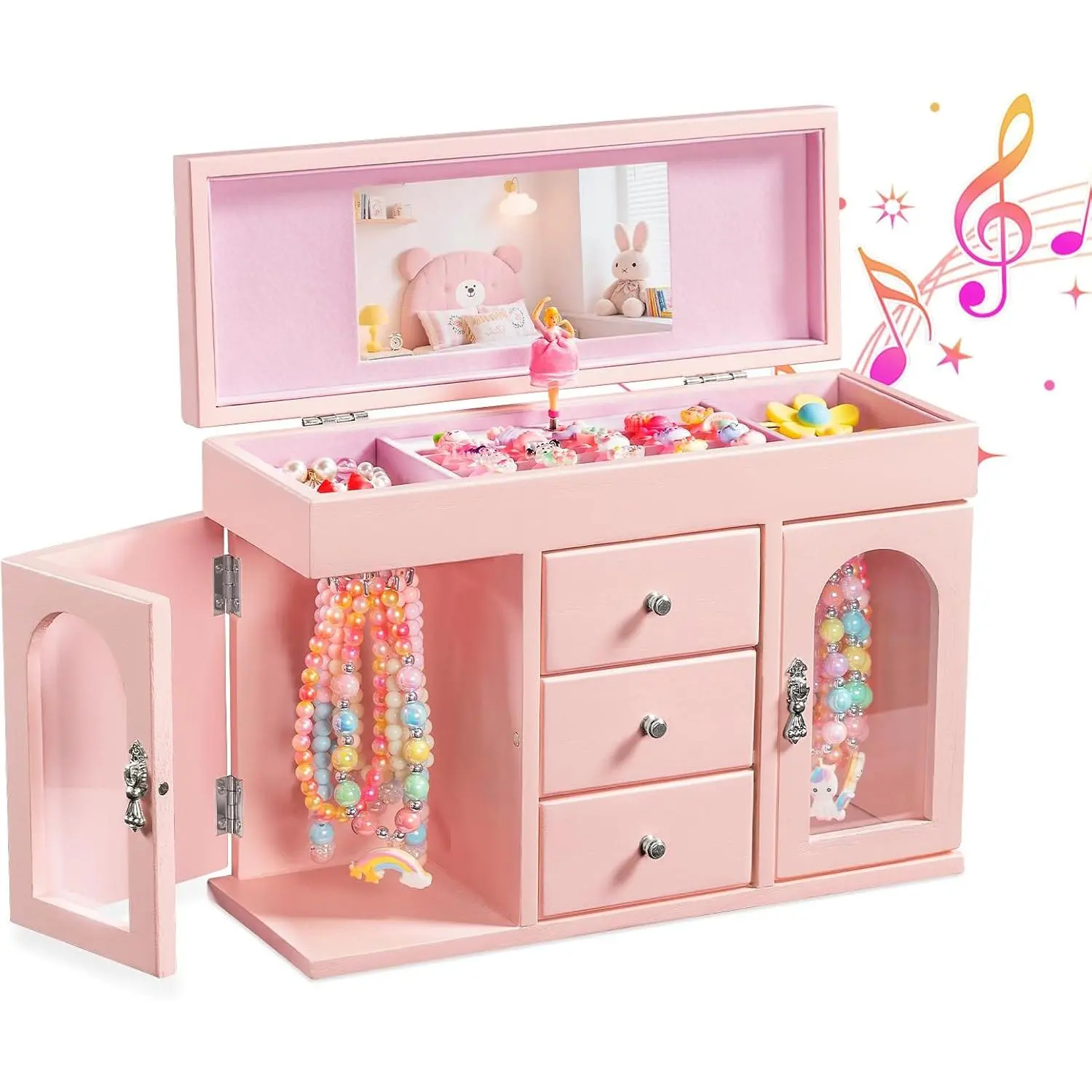 Musical  Box for Girls, Large Wooden   Organizer with Spinning Ballerina & Mirror, 5-Layer Storage with Drawers & Side Doors,   Box for Girls Birthday Christmas & gifts