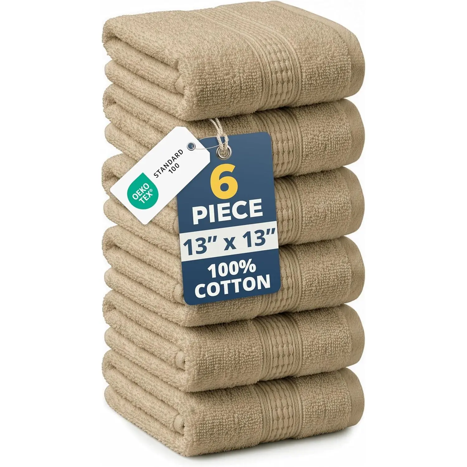 Washcloths 6 Pack -  & Salon Quality -  Ring Spun Mercerized   Towels - Very Soft & Absorbent Wash Cloths for , Beauty, , Gym - Fingertip Towels - 13"x13", Taupe