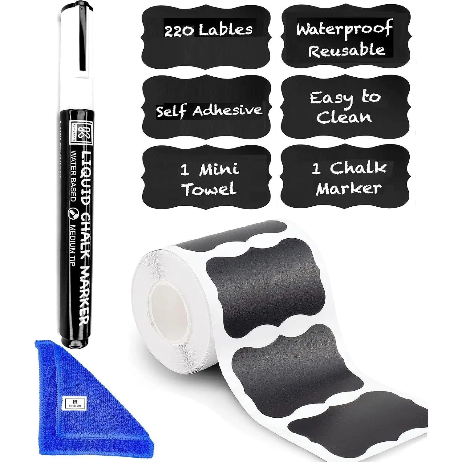 Chalkboard Labels Roll for Jars 220 count Wavy Shape -   Chalk Sticker Labels for Containers Storage Jars - Includes Erasable Liquid Chalk Marker & Mini Towel