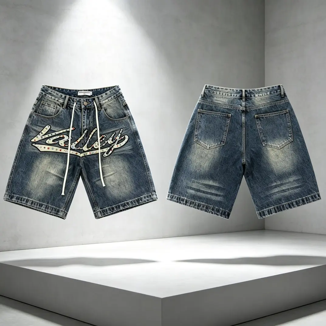 Candy Inspired Jorts Mid Blue, VALE Foreve Y2K Graphic Denim Shorts, Colorful Sweet Print Baggy Jean Shorts, Vintage Washed Loose Fit Streetwear Jorts, Unisex Summer Casual Shorts for Men Women, Trendy Hip Hop Festival Outfit