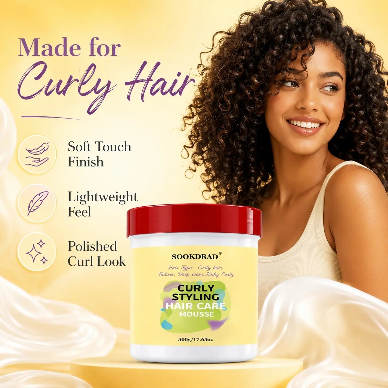 Curly Styling Hair Care Mousse, for deep wave kinky curly hair, curl definition, frizz control, daily styling, all day hold, moisturizing, 17.65oz, 500g