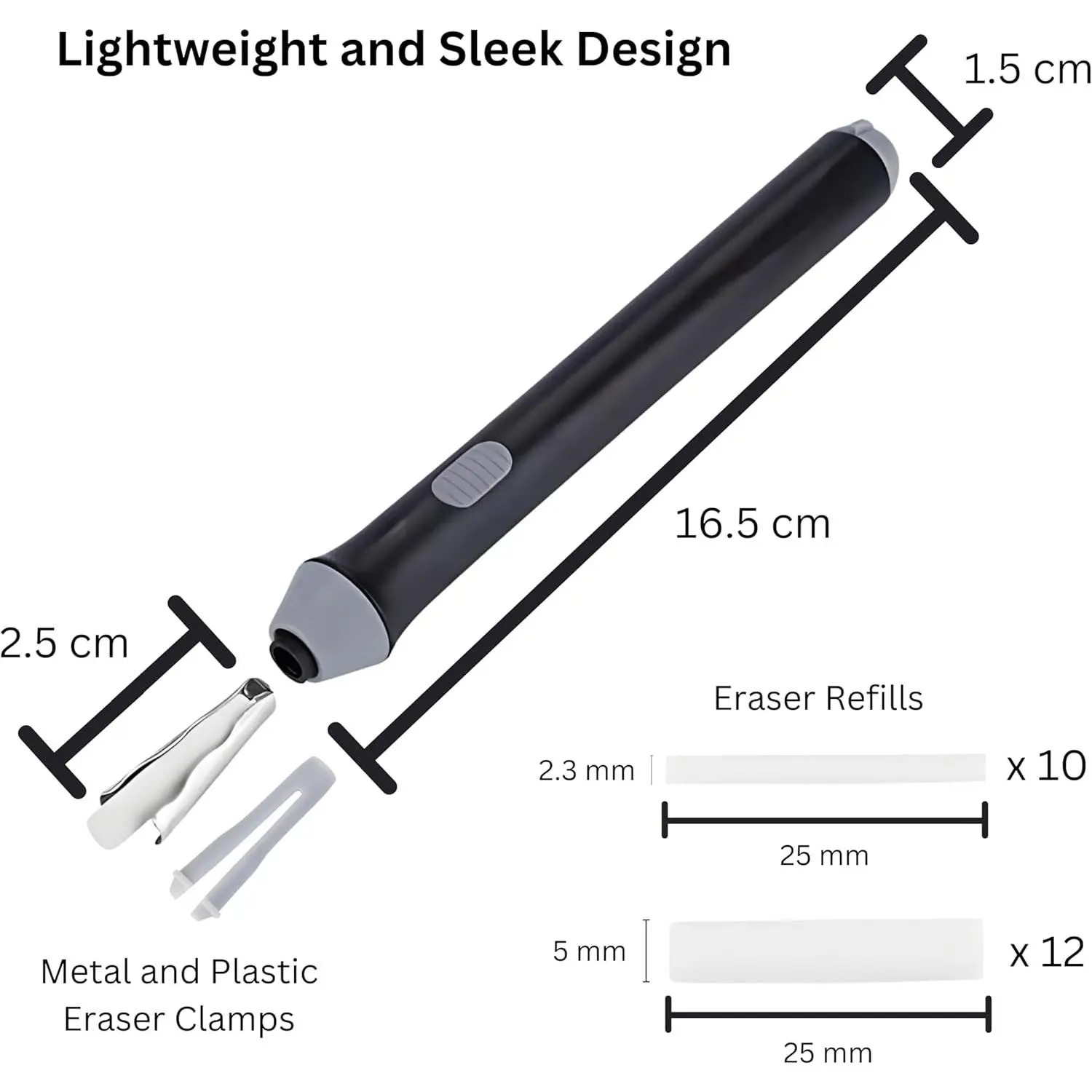 Electric Erasers, Battery Operated Eraser Automatic Portable Plastic Pen Electric Eraser with 22 Additional Replaceable Rubber Eraser Refills for Graphite Technical Drawing, Art, Sketch (Black)