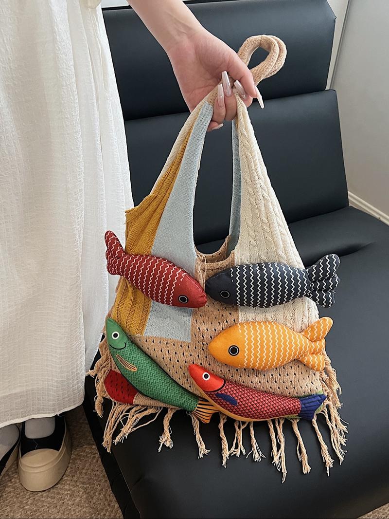 Stylish Rainbow Color Women's Knitted Bag with Colorful Fish Pattern, Versatile Shoulder Bag for Work, Shopping, Outings and Daily Use