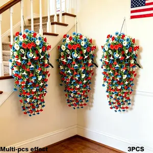 3pcs Three-Color Combination Patriotic Flower Artificial Hanging Flower, Red, White, Blue Hanging Type, Artificial Flower Plant, Morning Glory Artificial Plant, for Home Garden Courtyard, Wedding, Outdoor, Indoor Festival Decoration