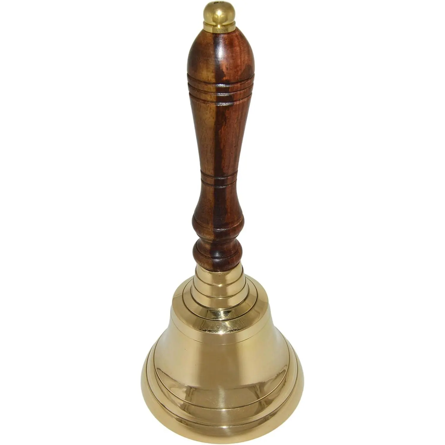 Large School Bell, Polished Brass Metal Handbell, Gold Color with Brown Wooden Handle - Measures 3.75 Inches Wide and 8.5 Inches Tall