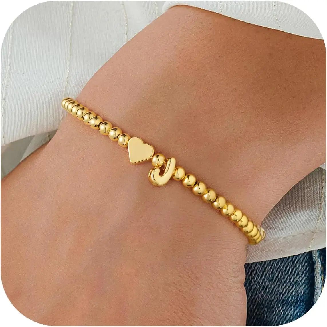 Heart Initial Bracelet for Women - Dainty Gold Beaded Bracelets for Women Trendy Charm Letter A-Z Personalized Heart Jewelry Gifts