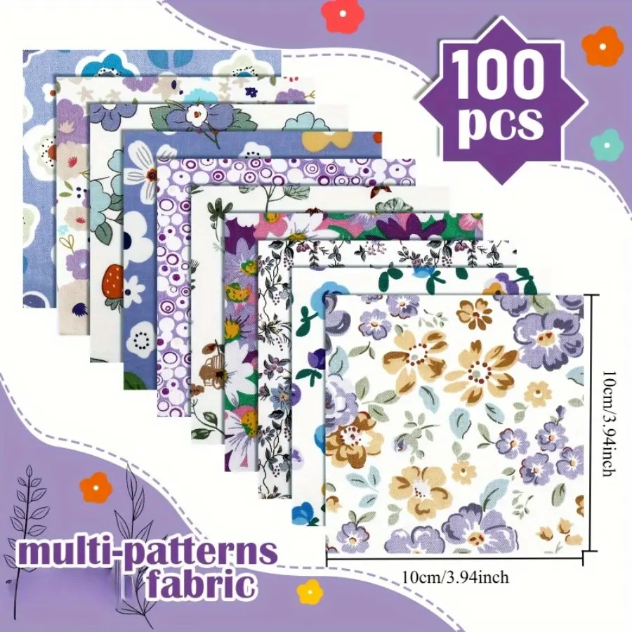 100Pcs Spring Holiday Fabric Squares Precut Quilting Fabric Bundle Assorted Printed Cotton Patches for Craft Sewing Patchwork and DIY Material Kits