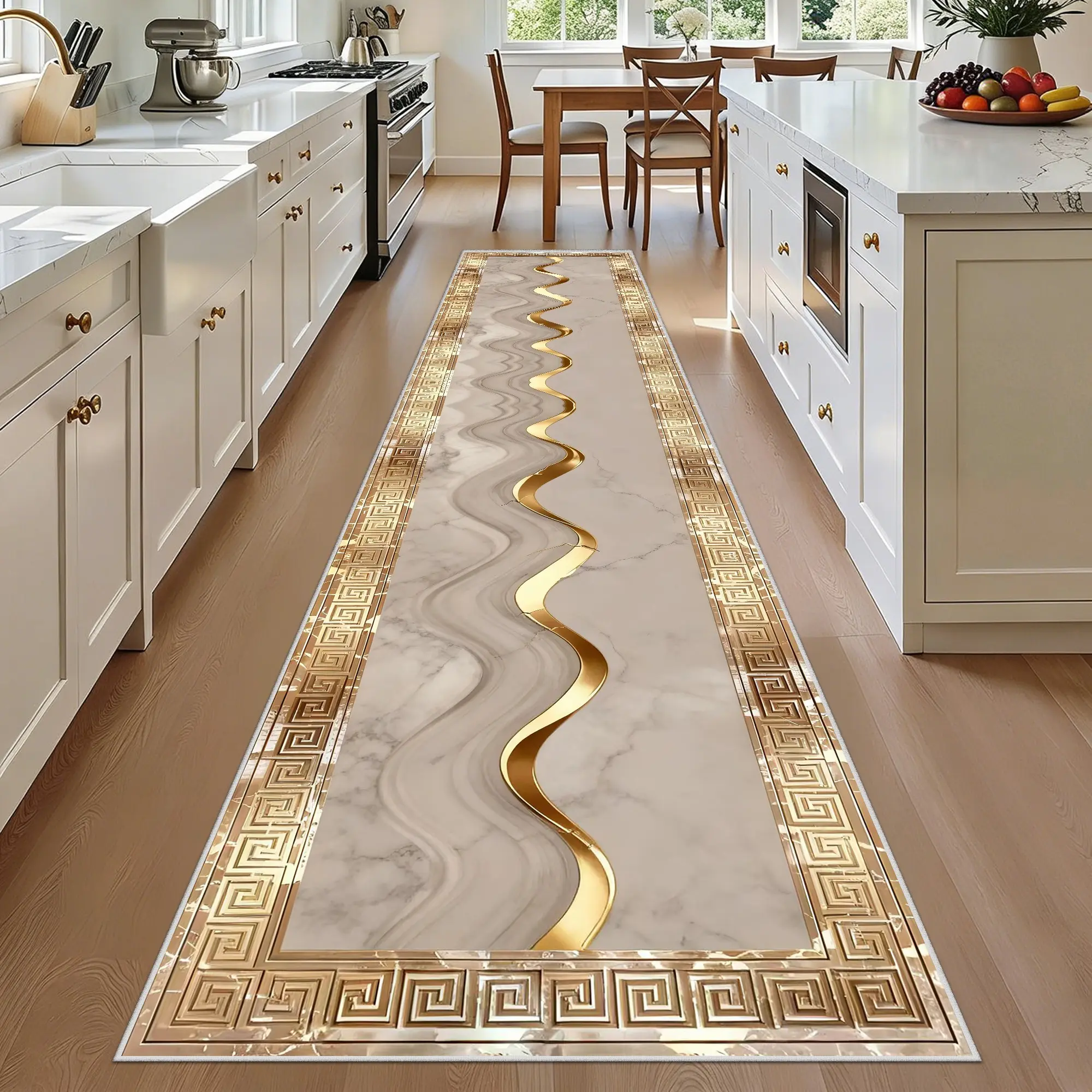 Velvet Gold Trim Marble Pattern Runner Rug, Soft Plush Easy Storage Hallway Mat, Non-Slip Long Carpet for Living Room, Bedroom, Office