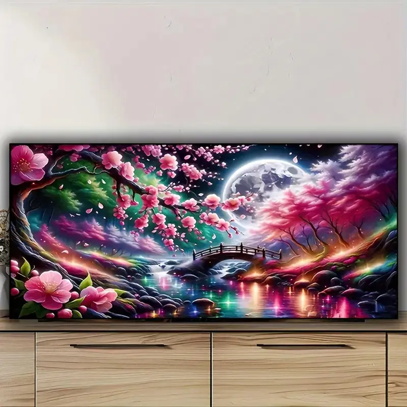 5D DIY Acrylic Diamond Painting Cross Stitch Hobbies Kit Adults - Magical Cherry Blossom Moon River Landscape, Stone Arch Bridge, Glowing Creek Fantasy Night Design, Perfect for Hobby Crafting, Oriental Living Room Wall Decor
