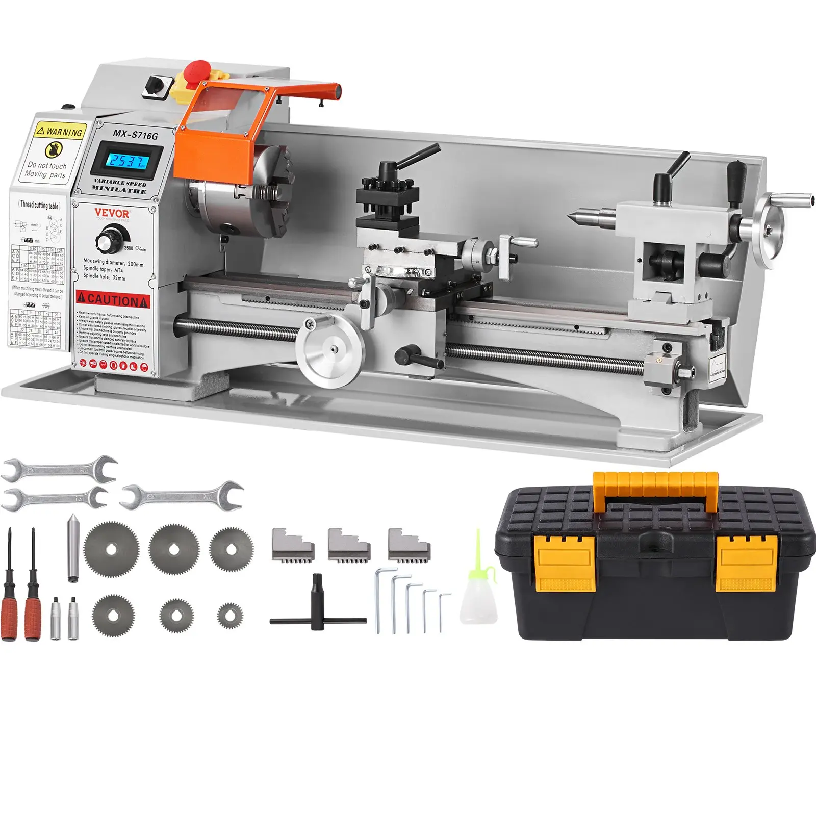 【DealsForYouDays】VEVOR Compact Metal Lathe, 7'' x 16'', 800W, Precision Desktop Metalworking Lathe, Variable Speed 150-2500 RPM, Includes 3.9'' 3-jaw Chuck & Tool Box for Detailed Part Crafting