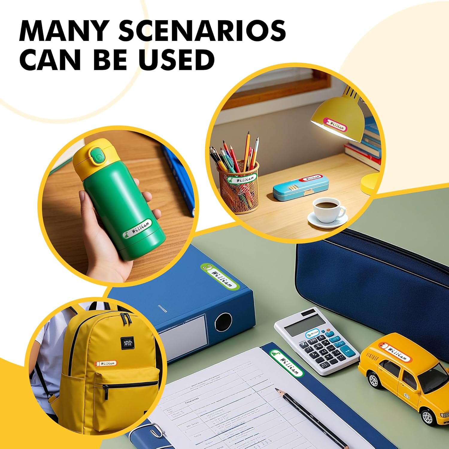 Name Tag Stickers for , Self-Laminating, Write-On   Bottle Labels, Dishwasher Safe,  Labels, Assorted Sizes & Colors, Pack of 64