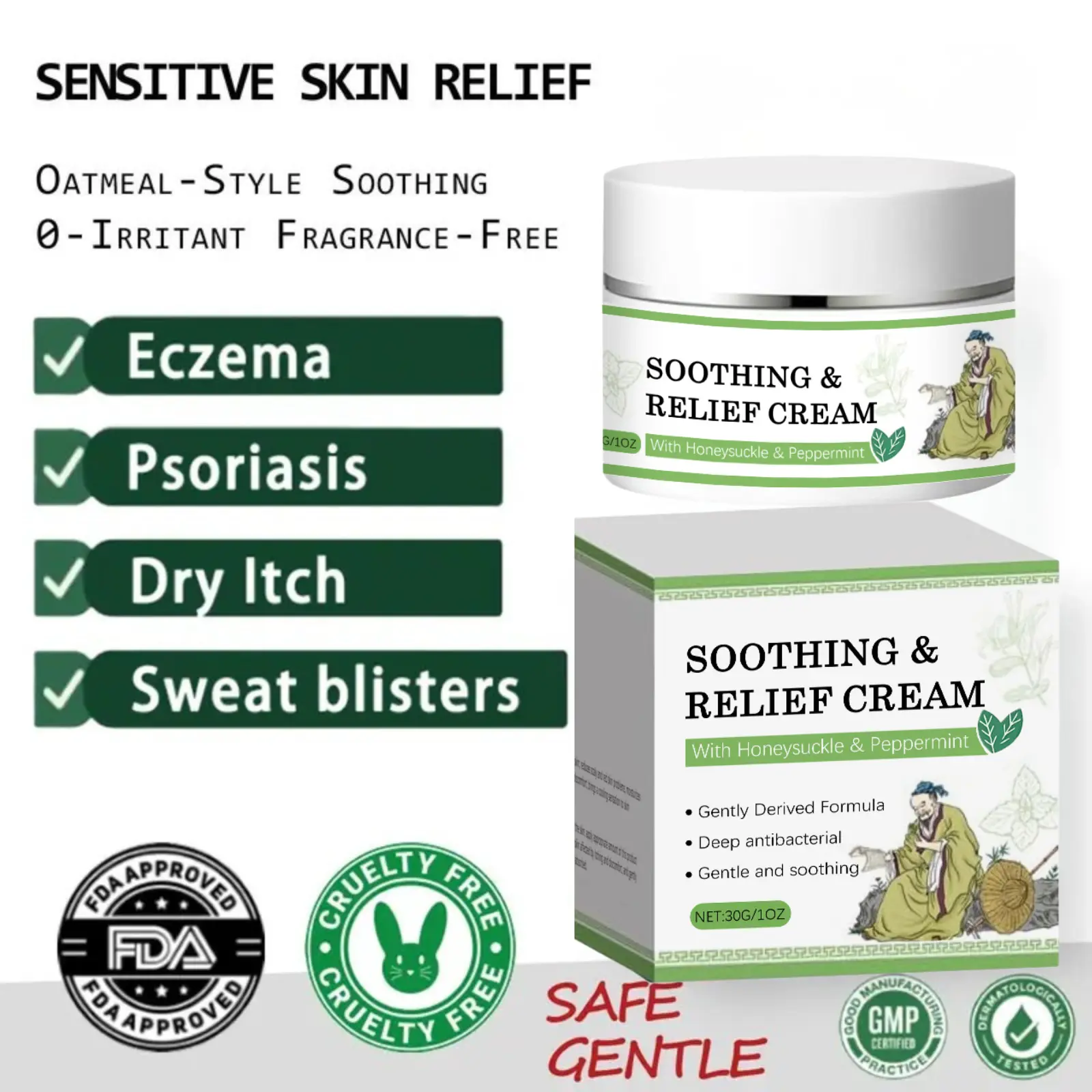 Antibacterial Anti-Itch Therapeutic Relief Cream - Acne Treatment for Sensitive Skin, Herbal Extract, No Irritation, Fragrance Free, Gentle for All Skin Types