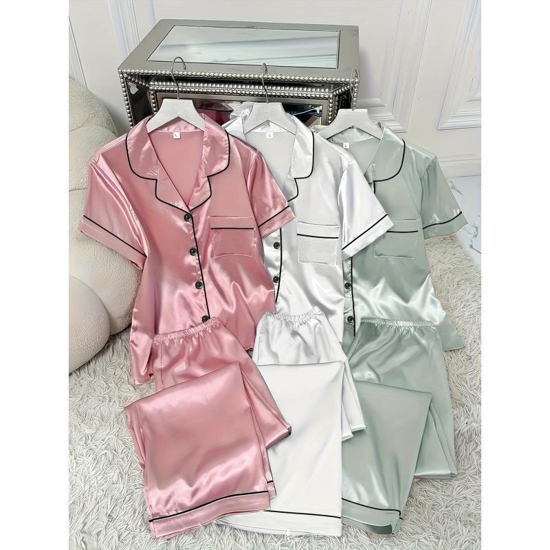 3 Sets Women's Solid Satin Casual Pajama Set, Short Sleeve Buttons Lapel Top & Pants, Comfortable Relaxed Fit