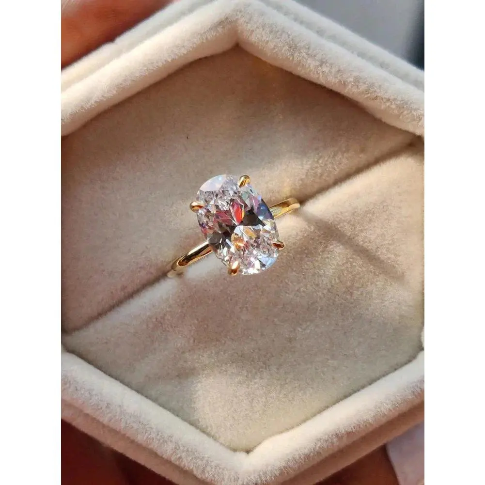 Women's 925 Sterling Silver Oval Cut Cubic Zirconia Solitaire Ring - 1-8CT Large Shiny Stone, Gold Plated Dainty Engagement Promise Ring, Luxury Fashion Jewelry Gift
