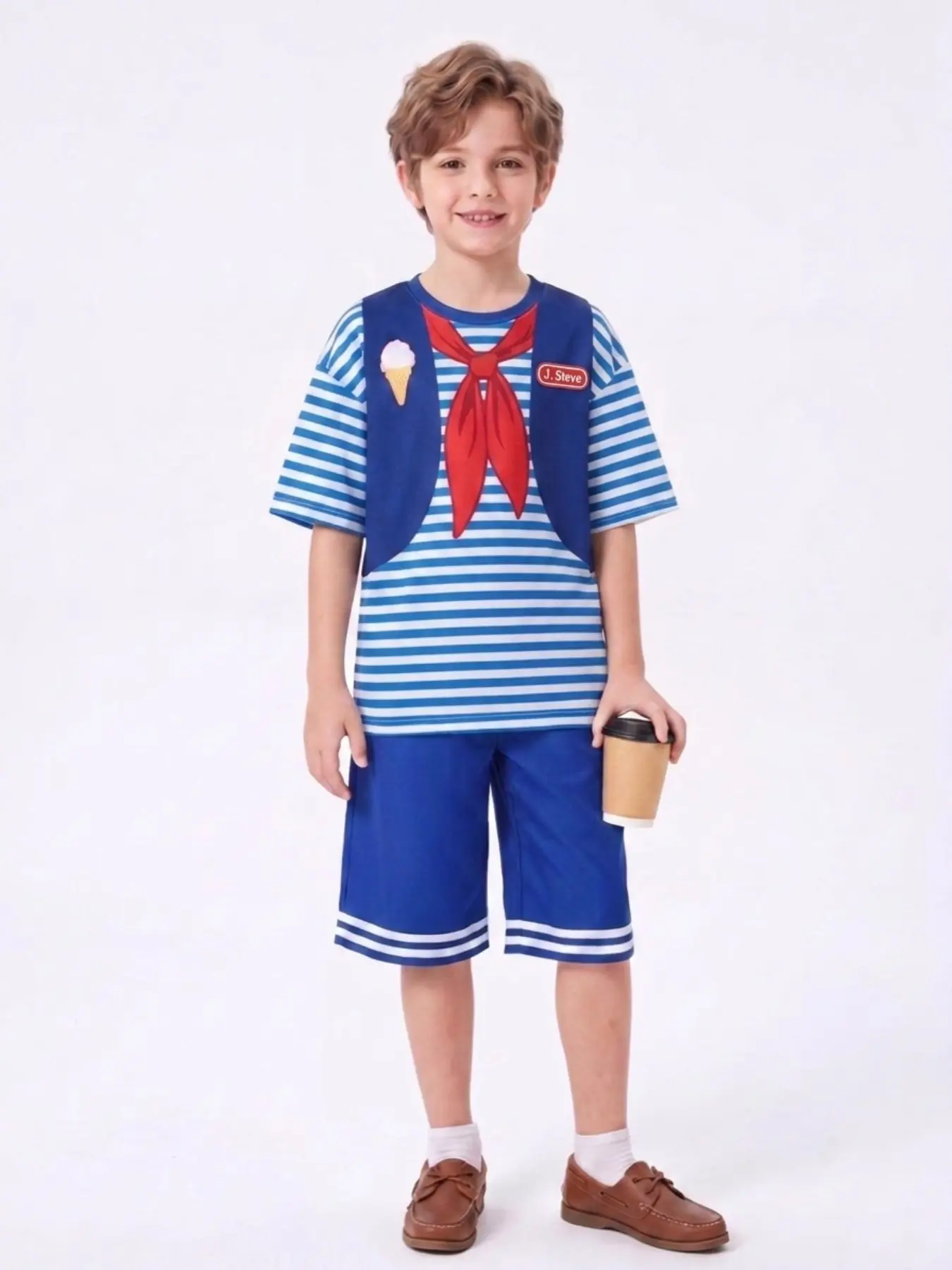 Official Authentic Licensed Stranger Things Kids 2Pcs Outfit, Scoops Ahoy Steve Harrington Print Striped T-Shirt & Blue Shorts Set, Skin-Friendly Casual Boys Halloween Cosplay Costume for Ages 4-14