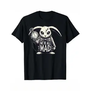 This Is a Casual T-Shirt Featuring a Whimsical White Rabbit Pattern, Perfect for Any Season. It Has a Round Neck And Is Made from Breathable, Comfortable Fabric