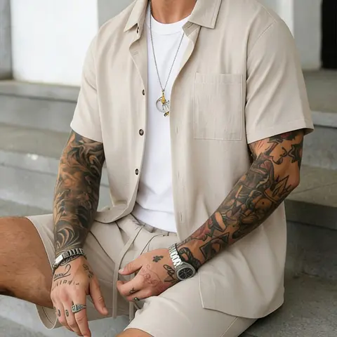 Men's Light Beige 2-Piece Casual Loungewear Set, Nightwear Outfit, Short-Sleeve Lapel Button-Down Shirt with Chest Pocket and Elastic Drawstring Waist Shorts, Breathable Lightweight Fabric, Minimalist Style, At-Home Lounging and Summer Getaways