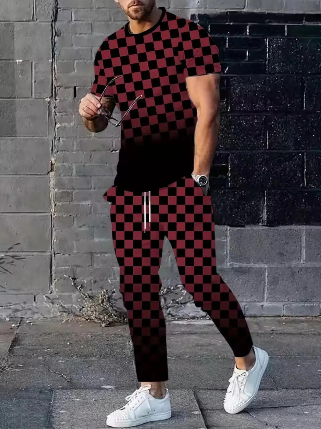 2026 New Men's Short-Sleeved Long Pants Set, 3D Check Pattern Print, Street Casual Style, Comfortable and Soft Fabric