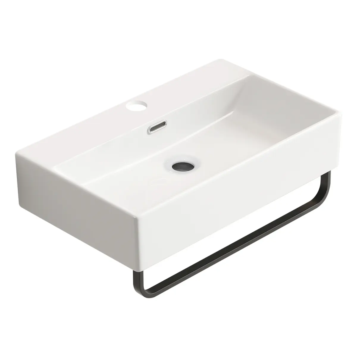 Wall-Mounted Rectangular Vessel Bathroom Sink, 23.63x14.18x5.32in White High-Density Glossy Ceramic with Integrated Towel Bar, Contemporary Water-Splash Resistant Space-Saving Hanging Sink for Modern Bathroom Renovation