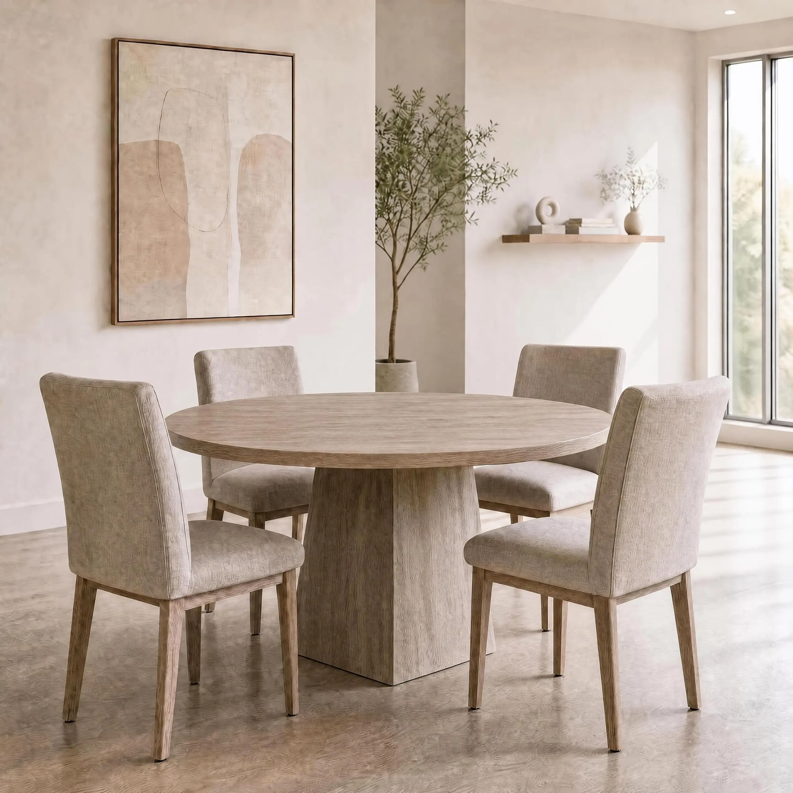 120cm (47") Round Dining Table - Modern Farmhouse Style, 4-6 Person Wood Space-Saving Kitchen Table, Thick Top, Square Pedestal Base for Dining Room
