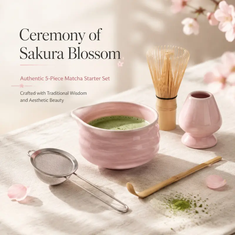 Sakura Blossom 5-Piece Authentic Matcha Starter Set - Traditional Japanese Tea Ceremony Kit, Ceremonial Matcha Kit with Pink Ceramic Bowl, Bamboo Whisk & Sifter
