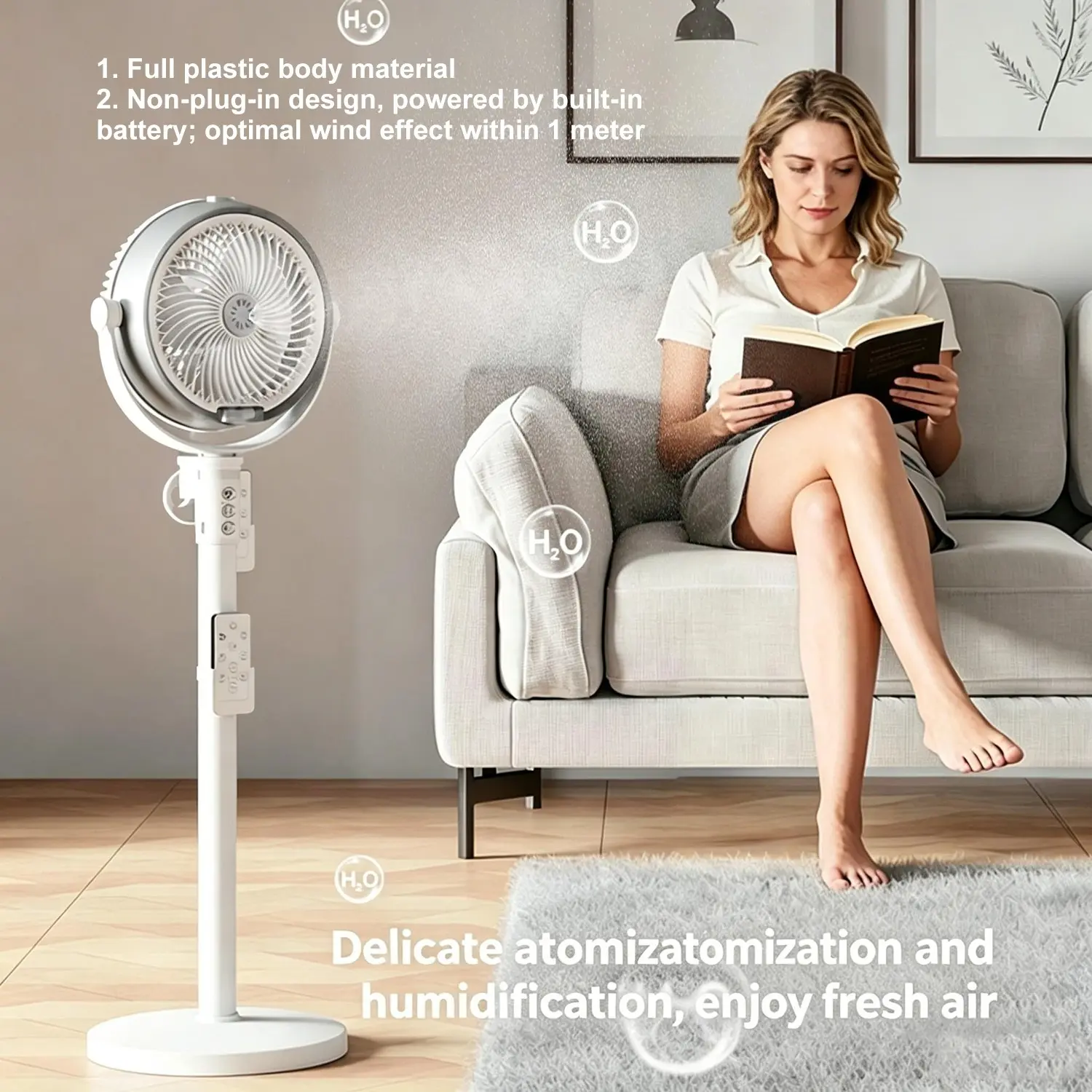 Dual Mist Spray Quiet Floor Fan with Remote Control, Air Circulator, Adjustable Height, 4 Speeds, Ideal for Patio and Backyard