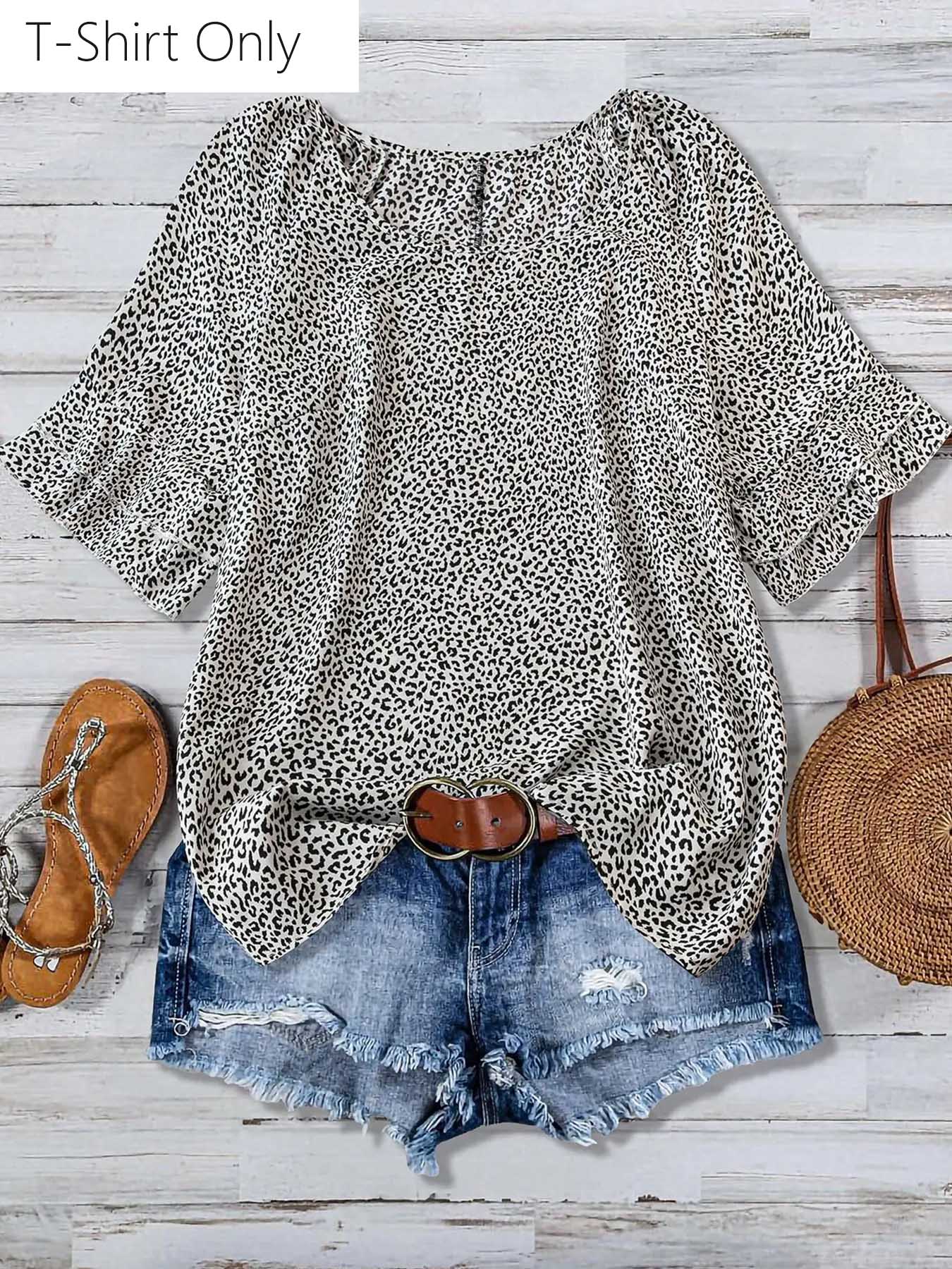 【Plus Size】 All Over Print Ruffle Layered Sleeve Blouse, Casual Short Sleeve Round Neck Top for Daily Wear, Women's Plus Clothing for All Seasons