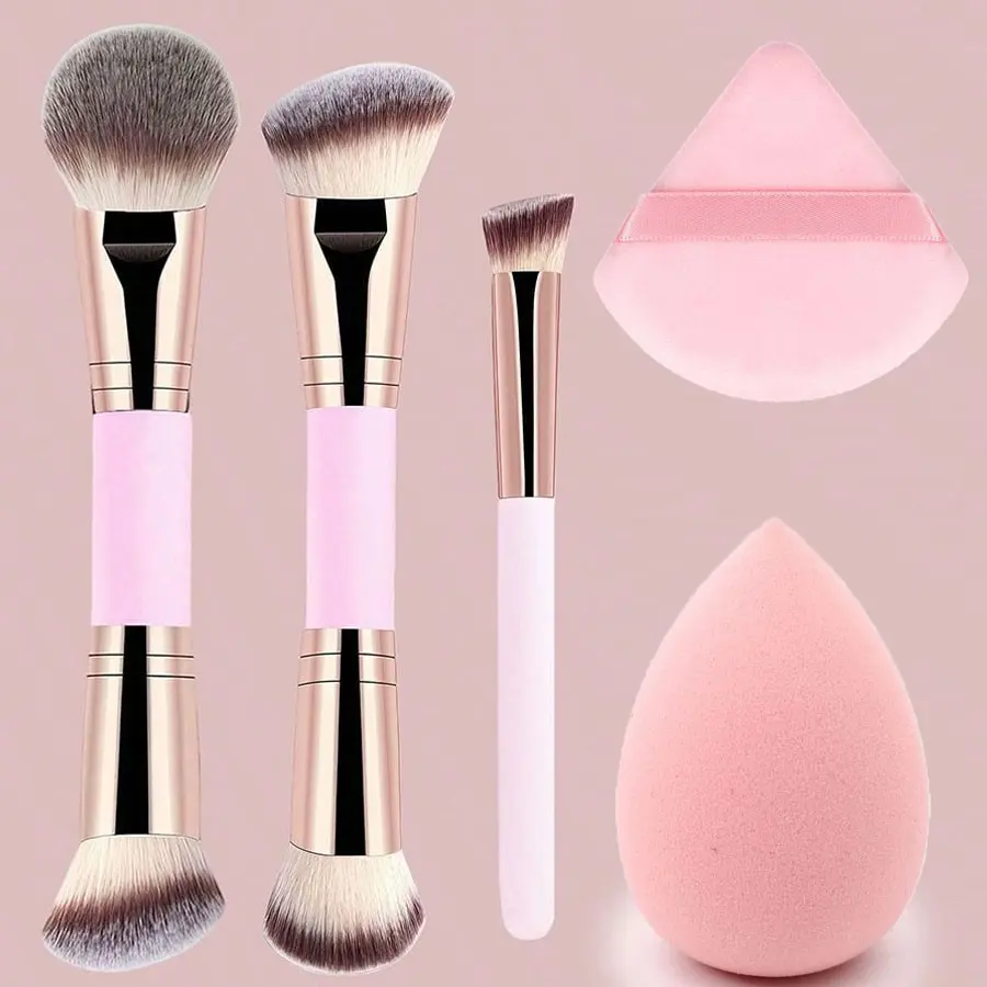 3-Piece Dual-Ended Makeup Brush Set, Triangle Sponge and Teardrop Beauty Sponge, Soft Fluffy Foundation Concealer Blush Brushes, Beginner Daily Makeup Tools