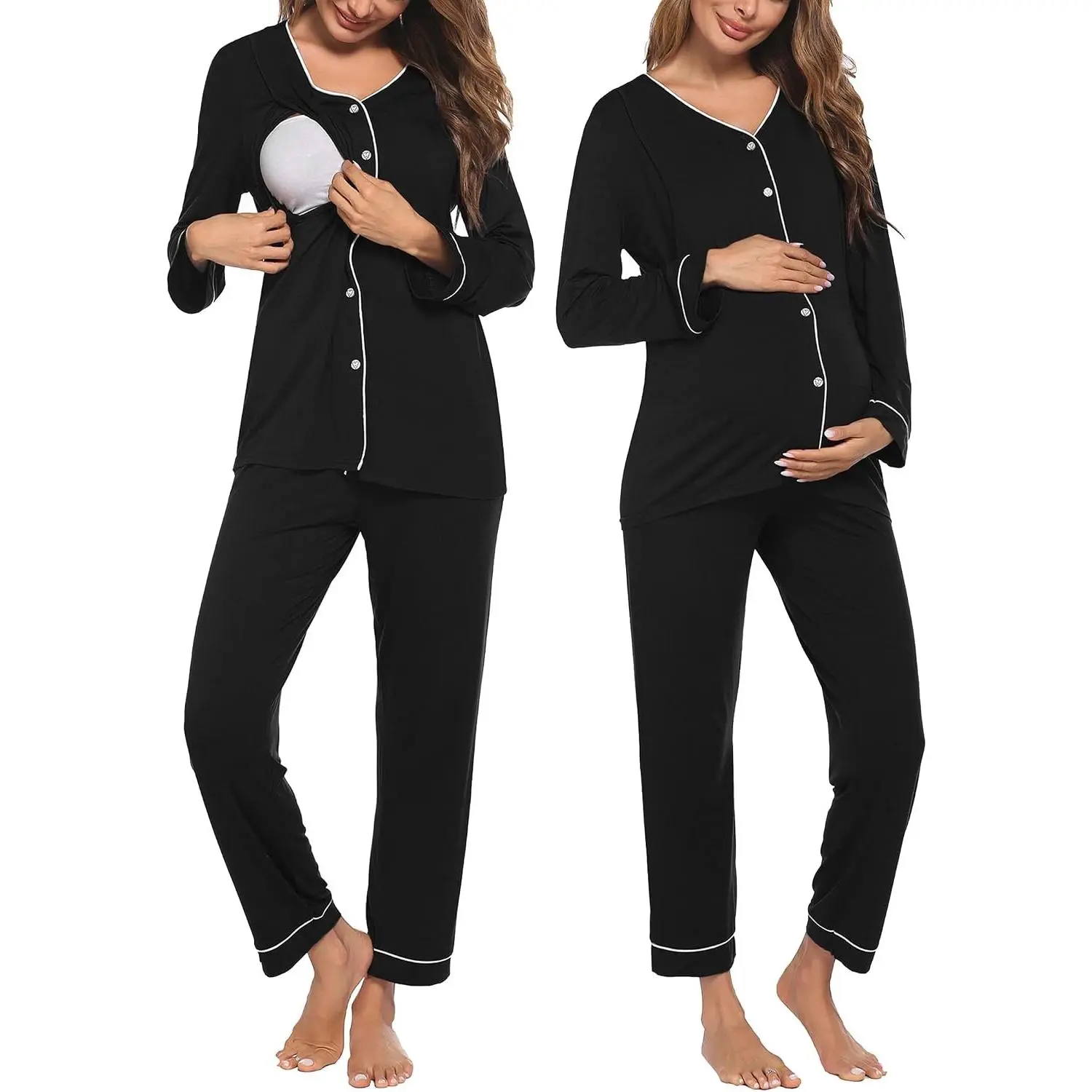 Maternity Pajamas Set Nursing Pregnancy Breastfeeding Postpartum Lounge Pjs | Nursing friendly lounge set, soft comfortable feel, button down tops, pregnancy, breastfeeding, home lounging, daily rest